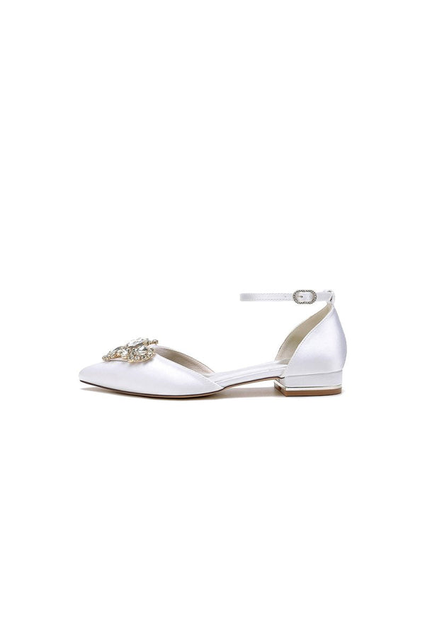 Satin Pointed Toe Ankle Strap Rhinestone Kitten Heels - KissProm