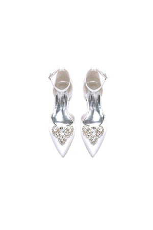 Satin Pointed Toe Ankle Strap Rhinestone Kitten Heels - KissProm
