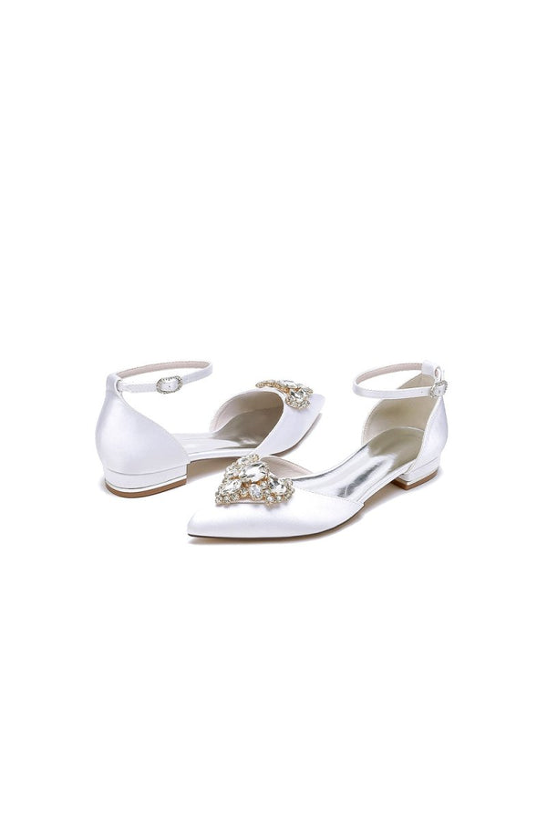Satin Pointed Toe Ankle Strap Rhinestone Kitten Heels - KissProm