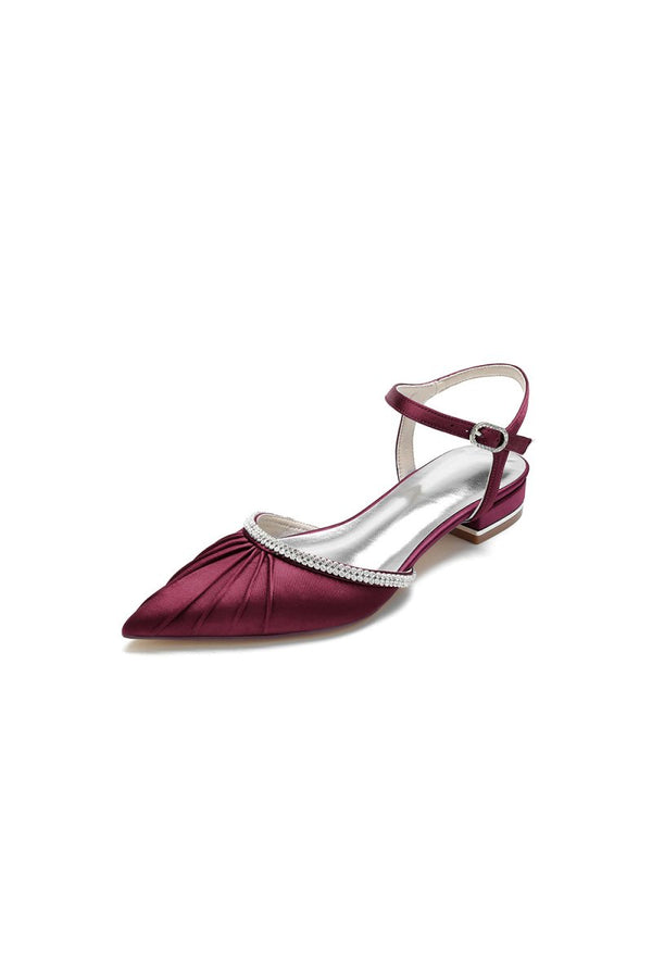 Satin Pointed Toe Beaded Buckle Kitten Heels - KissProm