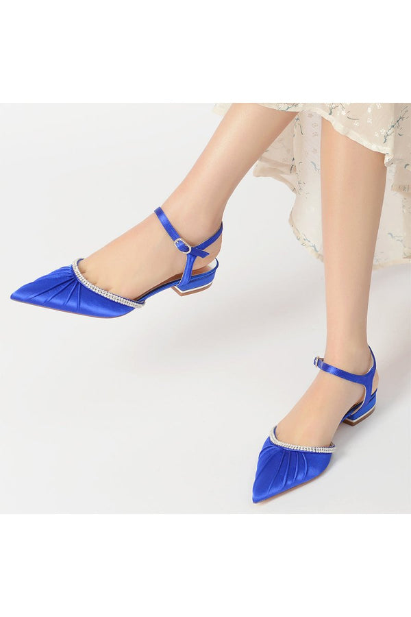 Satin Pointed Toe Beaded Buckle Kitten Heels - KissProm