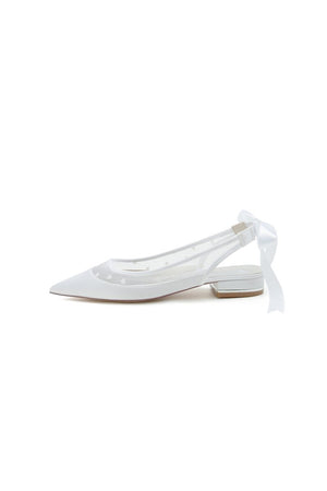 Satin Pointed Toe Mesh Low Heels With Bow - KissProm