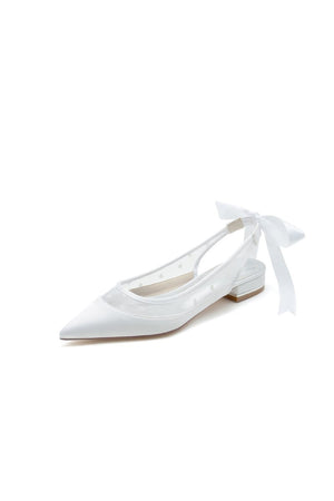 Satin Pointed Toe Mesh Low Heels With Bow - KissProm