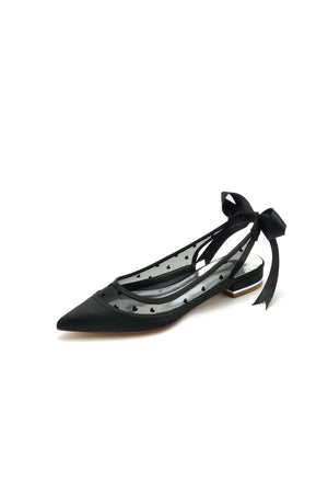 Satin Pointed Toe Mesh Low Heels With Bow - KissProm