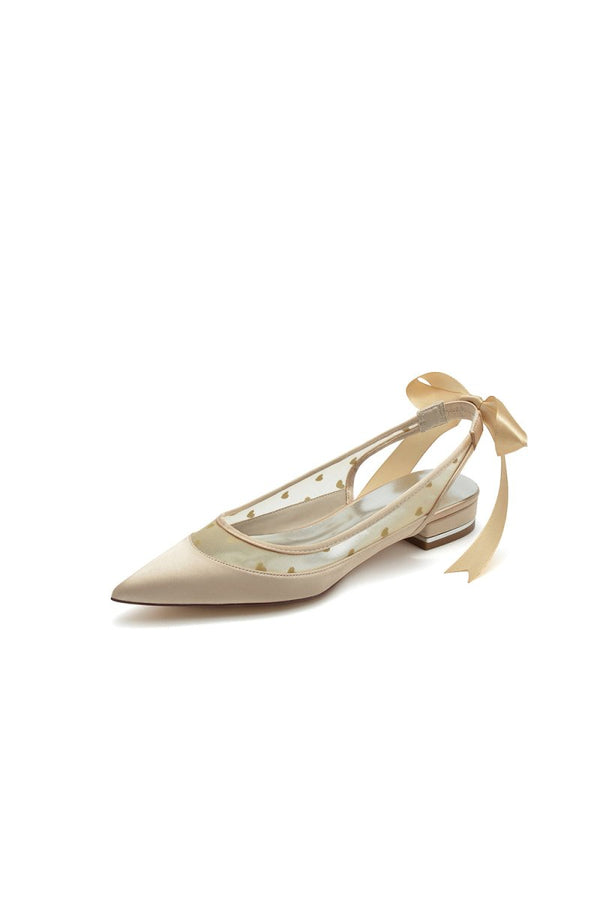 Satin Pointed Toe Mesh Low Heels With Bow - KissProm