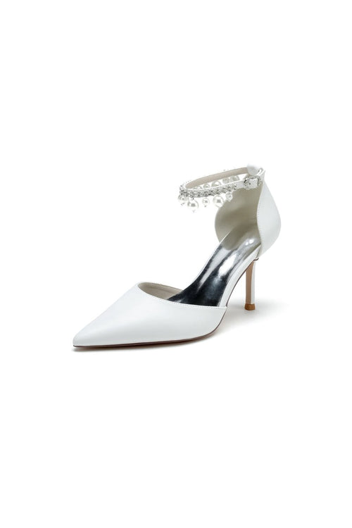 Satin Pointed Toe Pearl Beaded Ankle Strap Simple Wedding Shoes - KissProm