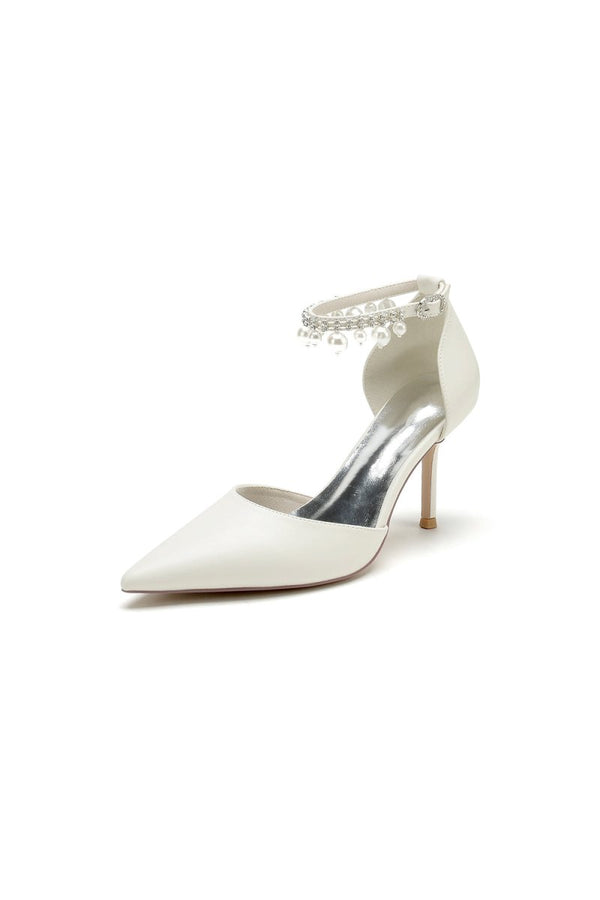 Satin Pointed Toe Pearl Beaded Ankle Strap Simple Wedding Shoes - KissProm