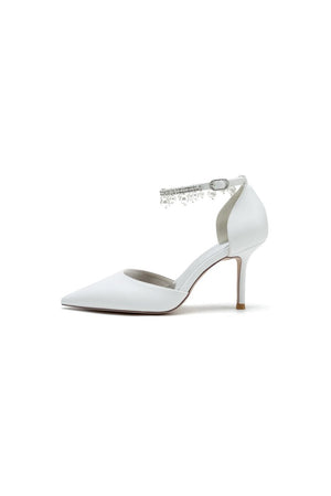 Satin Pointed Toe Pearl Beaded Ankle Strap Simple Wedding Shoes - KissProm