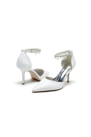 Satin Pointed Toe Pearl Beaded Ankle Strap Simple Wedding Shoes - KissProm