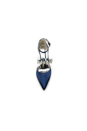 Satin Pointed Toe Rhinestone Strappy Chunky Heels - KissProm