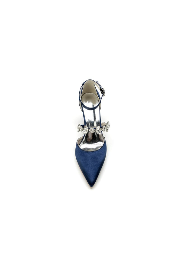 Satin Pointed Toe Rhinestone Strappy Chunky Heels - KissProm