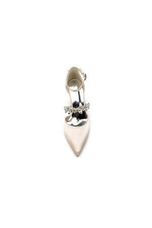 Satin Pointed Toe Rhinestone Strappy Chunky Heels - KissProm