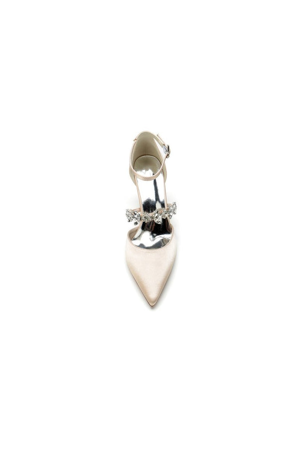 Satin Pointed Toe Rhinestone Strappy Chunky Heels - KissProm