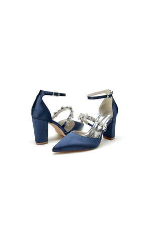 Satin Pointed Toe Rhinestone Strappy Chunky Heels - KissProm