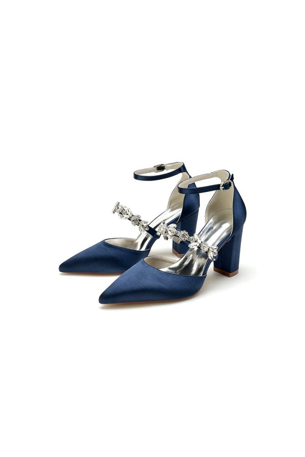 Satin Pointed Toe Rhinestone Strappy Chunky Heels - KissProm
