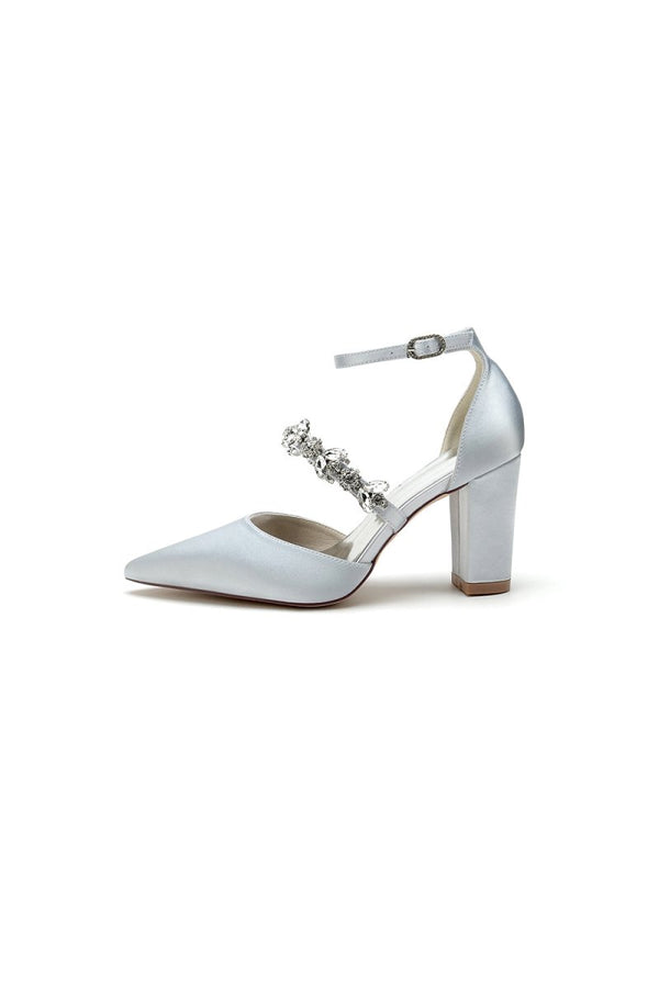 Satin Pointed Toe Rhinestone Strappy Chunky Heels - KissProm