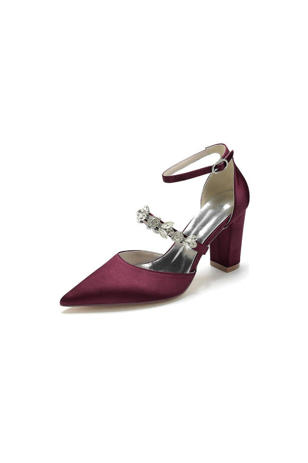 Satin Pointed Toe Rhinestone Strappy Chunky Heels - KissProm