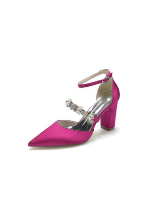 Satin Pointed Toe Rhinestone Strappy Chunky Heels - KissProm