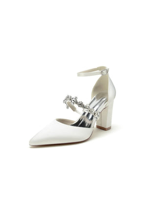 Satin Pointed Toe Rhinestone Strappy Chunky Heels - KissProm