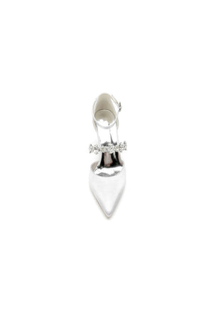 Satin Pointed Toe Rhinestone Strappy Chunky Heels - KissProm