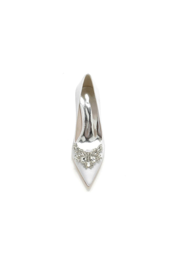 Satin Pointed Toe Slip - on Chunky Heels With Rhinestone - KissProm