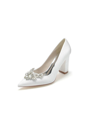 Satin Pointed Toe Slip - on Chunky Heels With Rhinestone - KissProm