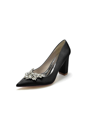 Satin Pointed Toe Slip - on Chunky Heels With Rhinestone - KissProm