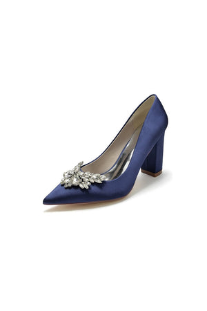 Satin Pointed Toe Slip - on Chunky Heels With Rhinestone - KissProm
