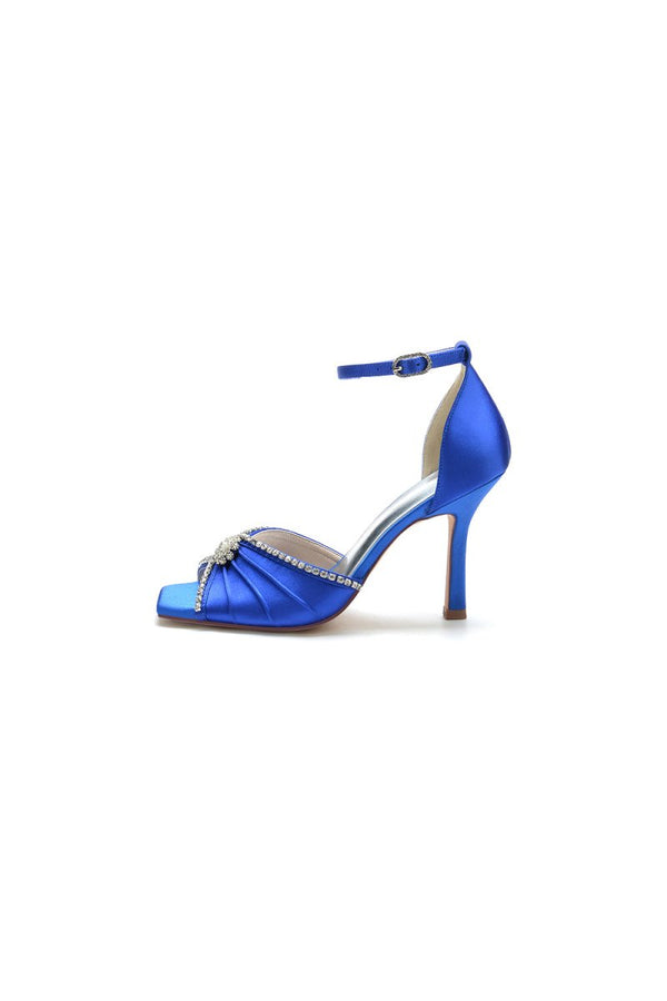 Satin Square OpenToe Stiletto Heels With Rhinestone - KissProm