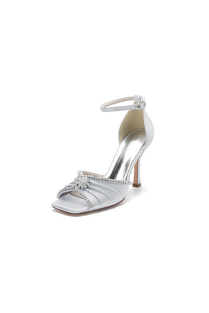 Satin Square OpenToe Stiletto Heels With Rhinestone - KissProm