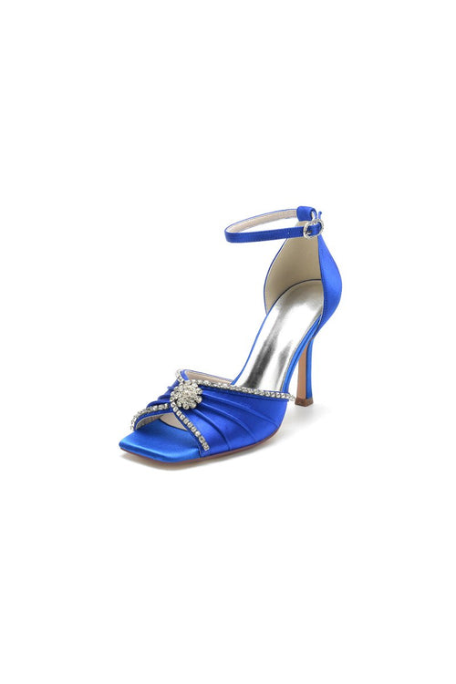 Satin Square OpenToe Stiletto Heels With Rhinestone - KissProm