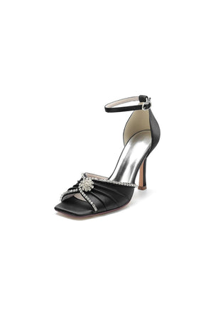 Satin Square OpenToe Stiletto Heels With Rhinestone - KissProm