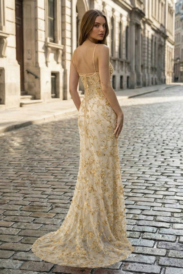 Champagne - Spaghetti Straps Mermaid Sequined Lace Long Formal Prom Dresses – Prom Dress by KissProm | Available at KissProm