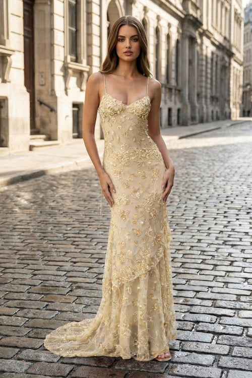 Champagne - Spaghetti Straps Mermaid Sequined Lace Long Formal Prom Dresses – Prom Dress by KissProm | Available at KissProm
