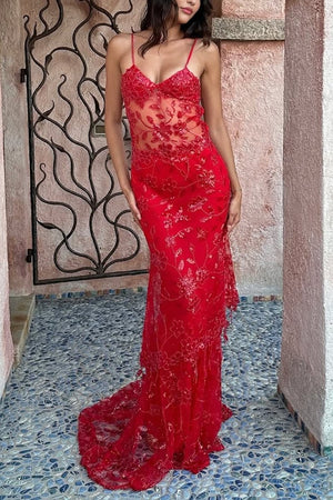 Red - Spaghetti Straps Mermaid Sequined Lace Long Formal Prom Dresses – Prom Dress by KissProm | Available at KissProm