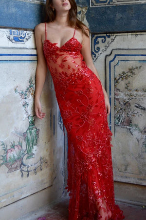 Red - Spaghetti Straps Mermaid Sequined Lace Long Formal Prom Dresses – Prom Dress by KissProm | Available at KissProm