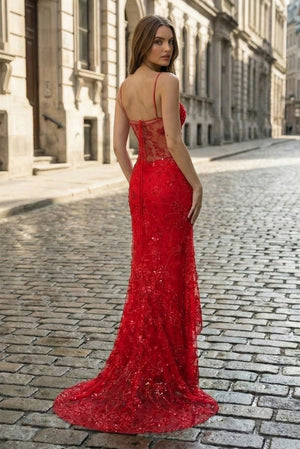 Red - Spaghetti Straps Mermaid Sequined Lace Long Formal Prom Dresses – Prom Dress by KissProm | Available at KissProm