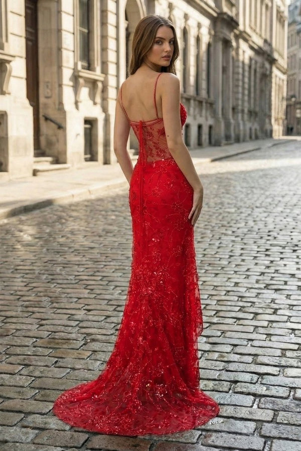 Red - Spaghetti Straps Mermaid Sequined Lace Long Formal Prom Dresses – Prom Dress by KissProm | Available at KissProm