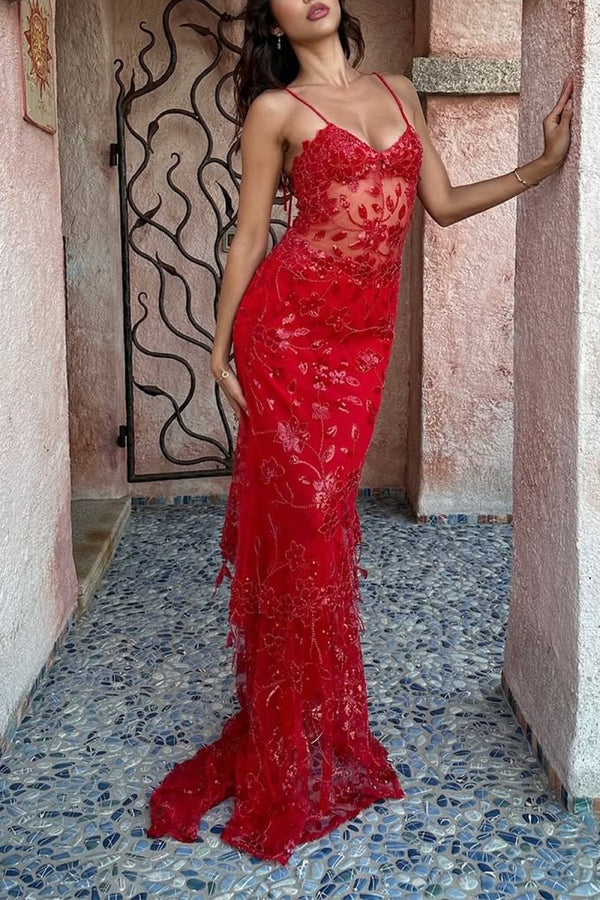 Red - Spaghetti Straps Mermaid Sequined Lace Long Formal Prom Dresses – Prom Dress by KissProm | Available at KissProm