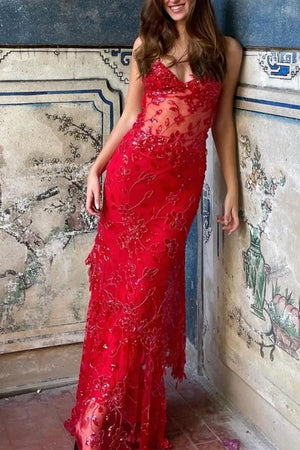 Red - Spaghetti Straps Mermaid Sequined Lace Long Formal Prom Dresses – Prom Dress by KissProm | Available at KissProm