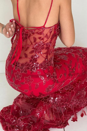 Red - Spaghetti Straps Mermaid Sequined Lace Long Formal Prom Dresses – Prom Dress by KissProm | Available at KissProm