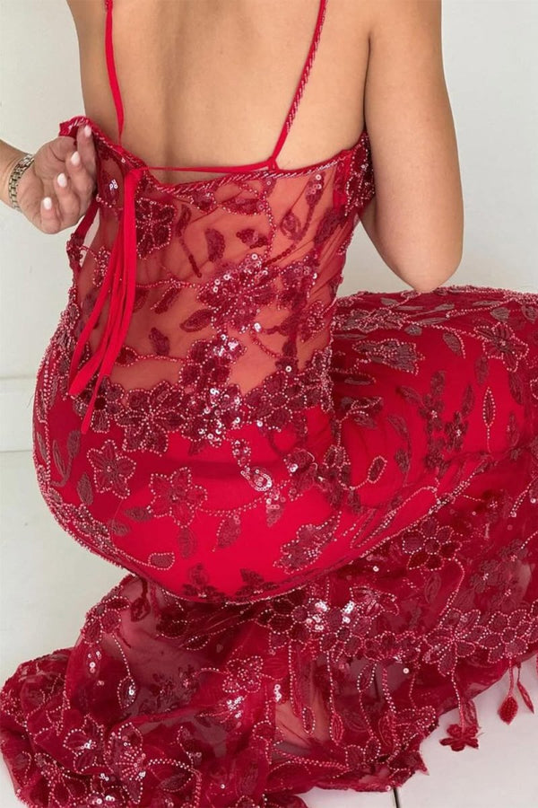 Red - Spaghetti Straps Mermaid Sequined Lace Long Formal Prom Dresses – Prom Dress by KissProm | Available at KissProm