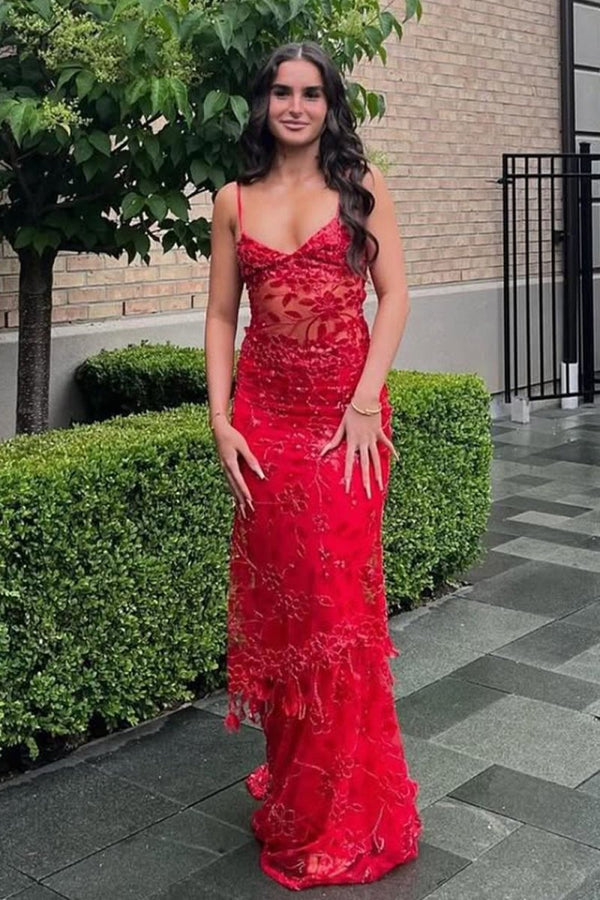 Red - Spaghetti Straps Mermaid Sequined Lace Long Formal Prom Dresses – Prom Dress by KissProm | Available at KissProm