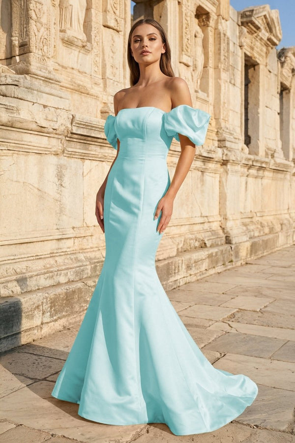 Yellow Satin Off - the - Shoulder Mermaid Pleated Long Formal Prom Dress with Sleeves - KissProm