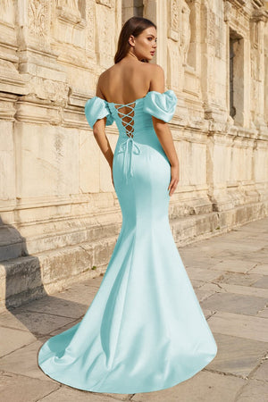 Yellow Satin Off - the - Shoulder Mermaid Pleated Long Formal Prom Dress with Sleeves - KissProm
