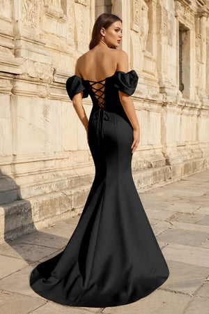 Yellow Satin Off - the - Shoulder Mermaid Pleated Long Formal Prom Dress with Sleeves - KissProm