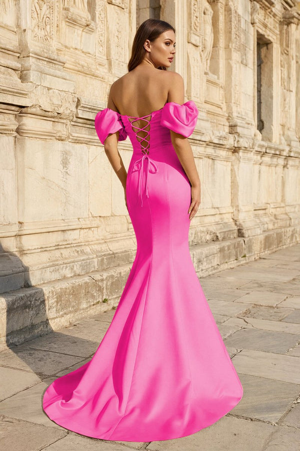 Yellow Satin Off - the - Shoulder Mermaid Pleated Long Formal Prom Dress with Sleeves - KissProm