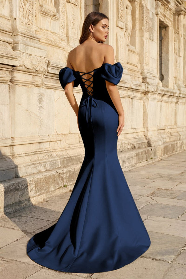 Yellow Satin Off - the - Shoulder Mermaid Pleated Long Formal Prom Dress with Sleeves - KissProm