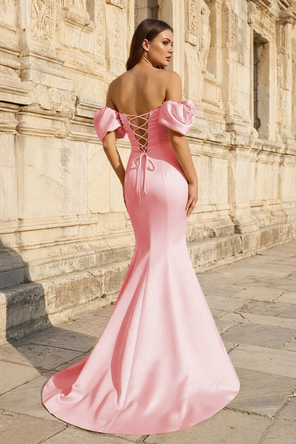 Yellow Satin Off - the - Shoulder Mermaid Pleated Long Formal Prom Dress with Sleeves - KissProm