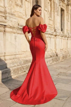 Yellow Satin Off - the - Shoulder Mermaid Pleated Long Formal Prom Dress with Sleeves - KissProm